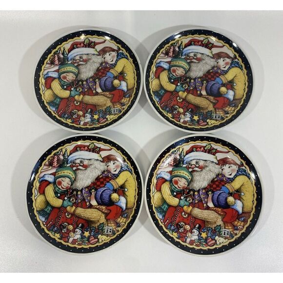 Mary Engelbreit Christmas Santa & Kids 7” Appetizer Salad Side Plates Set Of 4 - Picture 1 of 7